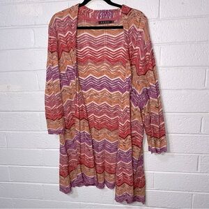 Women’s 2X Beachy Zigzag Cardigan Colorful XXL Sheer Zozo Pink Orange Long Shawl